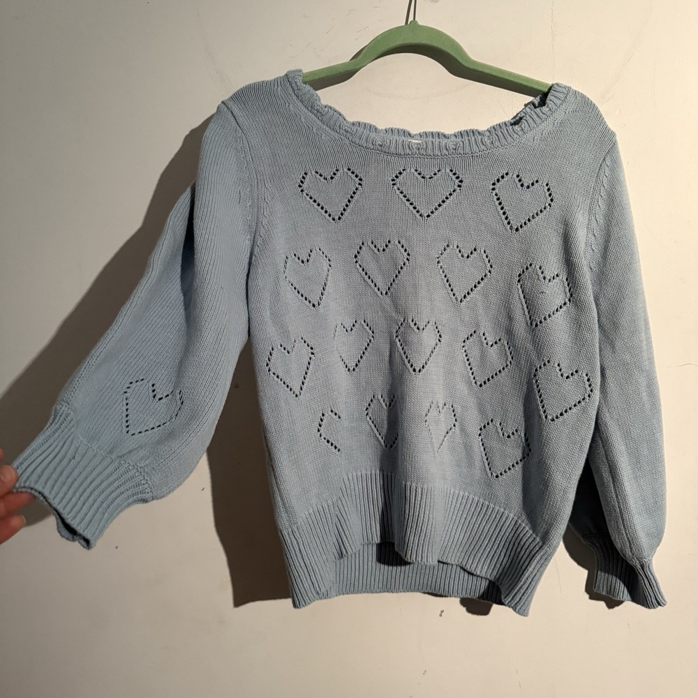 Anthropologie Large Pointelle Heart Sweater Dainty Twee‎  Coquette Puff Sleeve